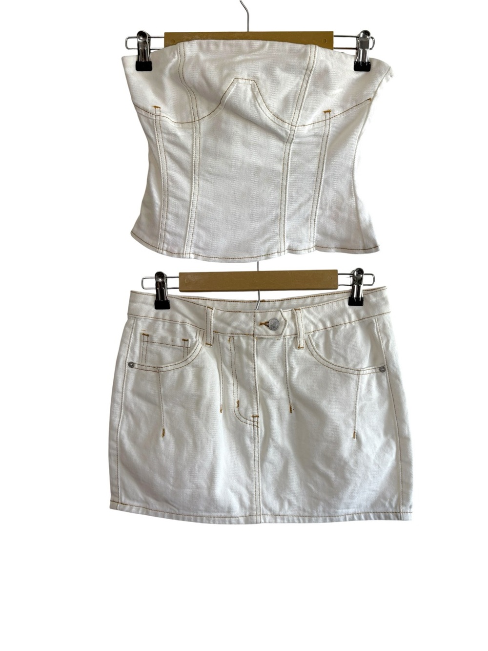Forever21 Size Medium White Denim Strapless Top Mini Skirt Set Festival Travel